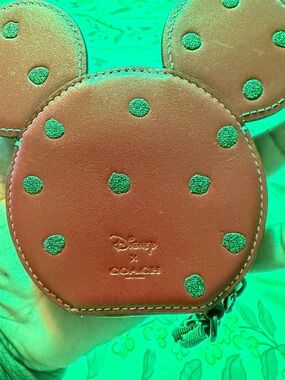 Coach X Disney Red Leather Mickey Ear Coin Purse with Gun Metal Chain